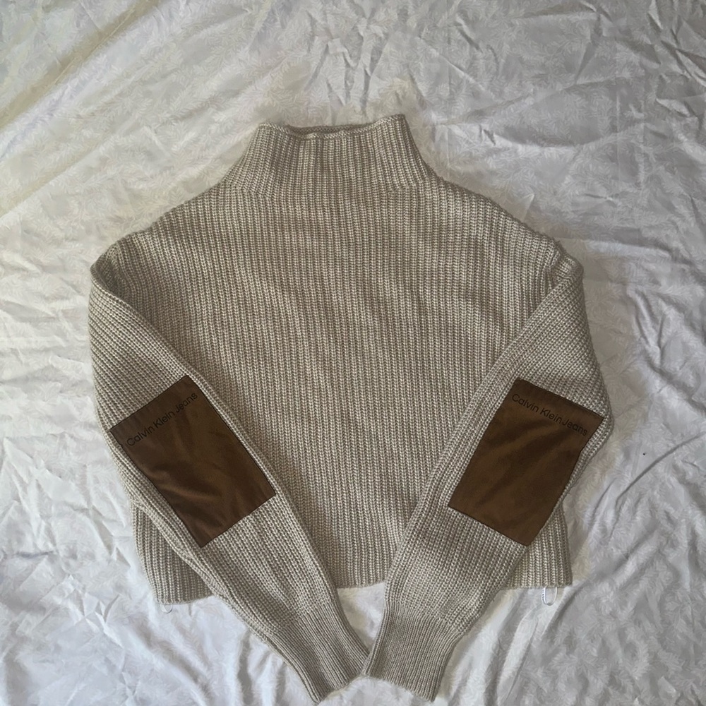 Calvin Klein Jeans Cream and Brown Cowl Neck Sweater